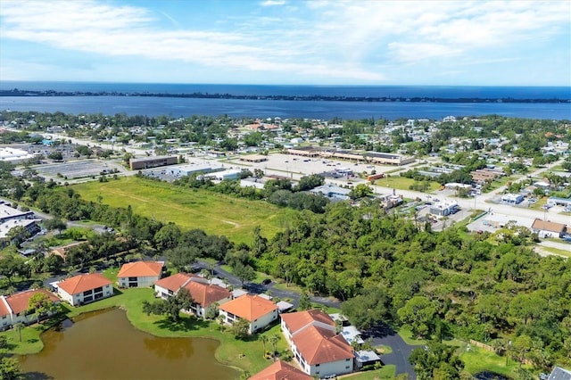 drone / aerial view with a water view