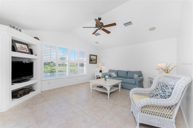 tiled living room featuring vaulted ceiling, ceiling fan, and built in features