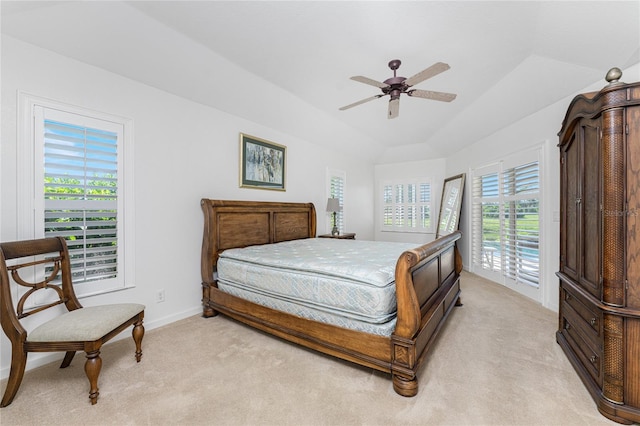 carpeted bedroom featuring ceiling fan and access to exterior