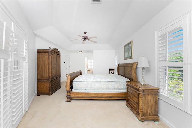 bedroom with ceiling fan and light colored carpet