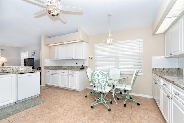 kitchen with ceiling fan, white cabinets, dishwasher, and decorative light fixtures