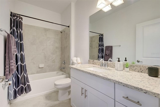 full bathroom featuring shower / bathtub combination with curtain, tile patterned floors, vanity, and toilet