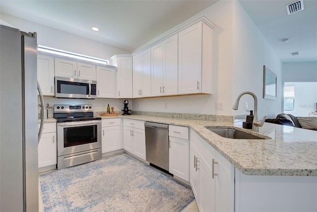 kitchen featuring stainless steel appliances, white cabinetry, kitchen peninsula, and sink