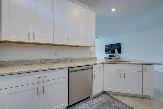 kitchen with white cabinets, sink, kitchen peninsula, dishwasher, and light stone countertops