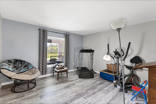 workout room with hardwood / wood-style flooring