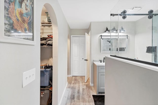 bathroom with wood-type flooring, a shower, and vanity