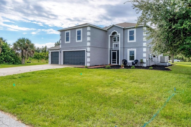 13401 Galveston Ave, Port Charlotte, FL 33981 - view of front of property with a garage, stucco siding, concrete driveway, a front yard, and central air condition unit
