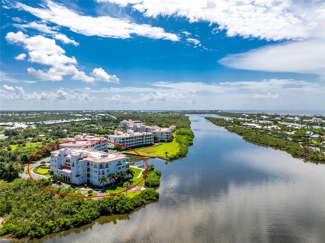 drone / aerial view featuring a water view