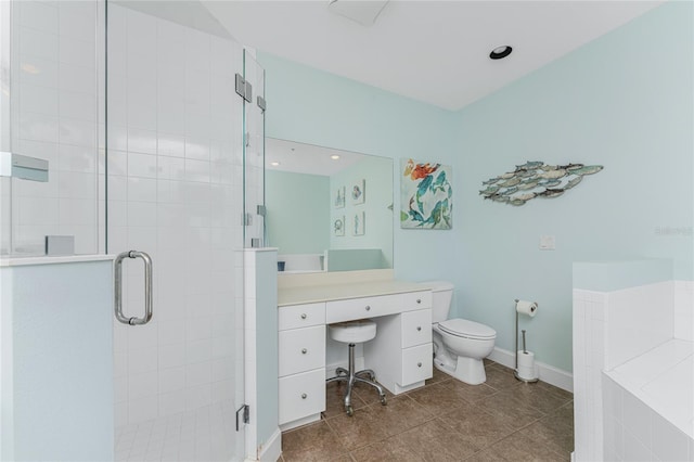 11100 Hacienda Del Mar Blvd Unit 202, Placida, FL 33946 - full bathroom with a stall shower, tile patterned floors, toilet, vanity, and baseboards