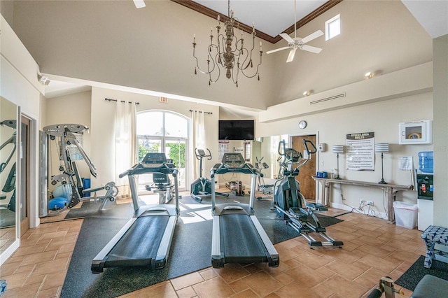 11100 Hacienda Del Mar Blvd Unit 202, Placida, FL 33946 - exercise room with a high ceiling, a ceiling fan, stone finish flooring, and visible vents