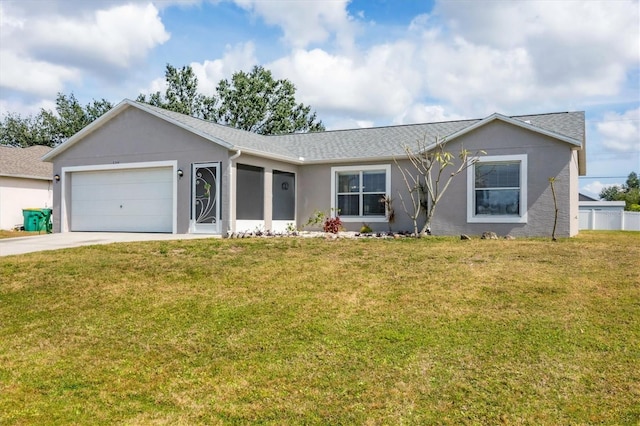 ranch-style home with concrete driveway, an attached garage, a front lawn, and stucco siding