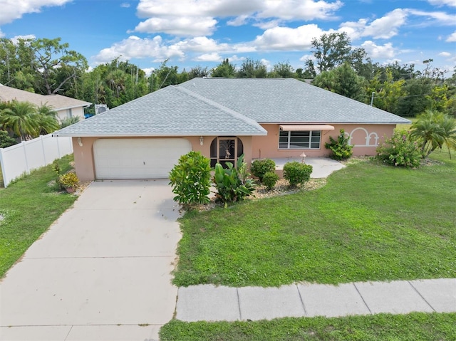 single story home with a front yard and a garage