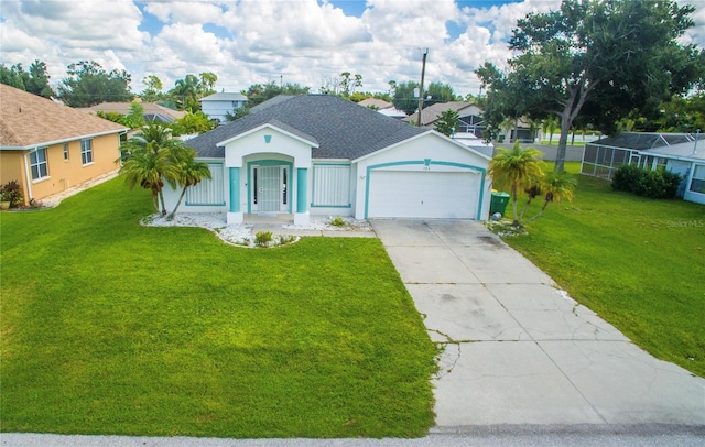 ranch-style house featuring a front lawn and a garage