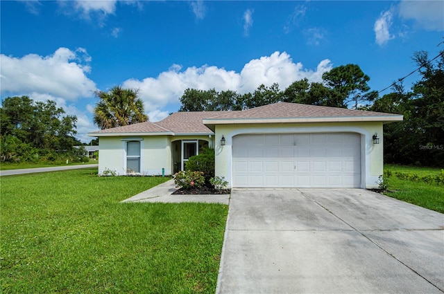 single story home featuring a garage, a front yard, roof with shingles, stucco siding, and concrete driveway