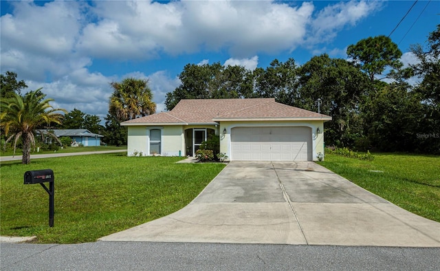 single story home with a garage, stucco siding, a front yard, and concrete driveway