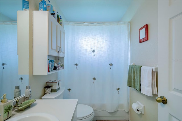 full bathroom featuring vanity, shower / tub combo, and toilet