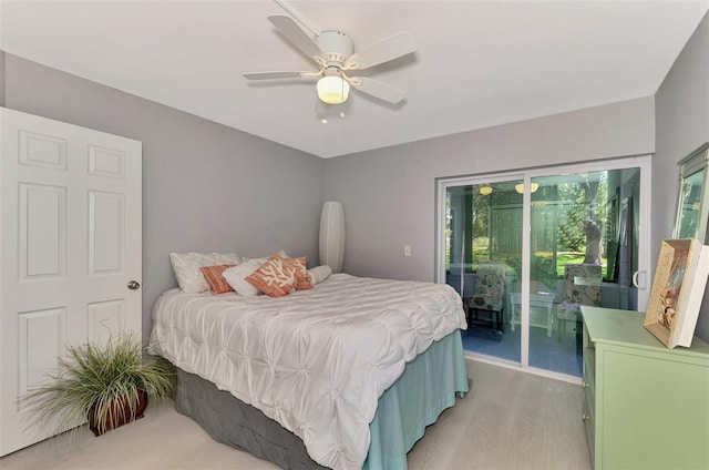 bedroom with access to outside, ceiling fan, and light hardwood / wood-style flooring