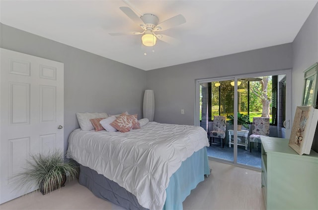 carpeted bedroom with ceiling fan and access to exterior