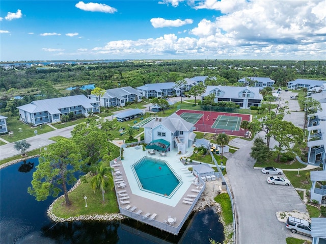 aerial view featuring a water view