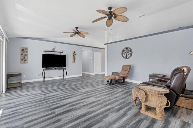 sitting room with vaulted ceiling, ceiling fan, and hardwood / wood-style floors