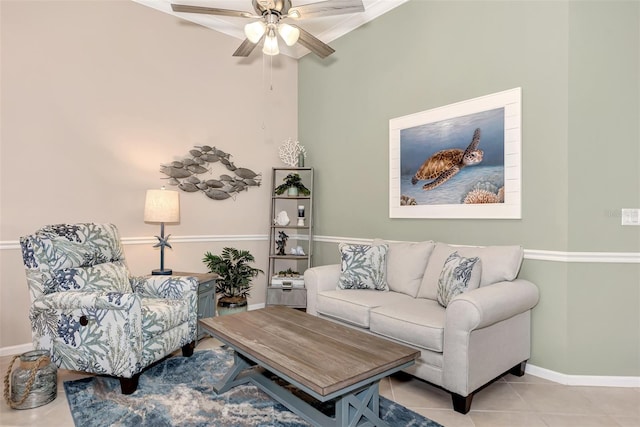 living room with light tile patterned floors and ceiling fan