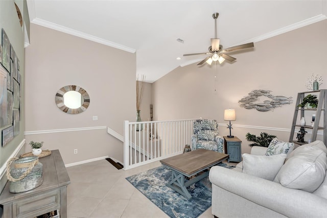 tiled living room featuring crown molding and lofted ceiling