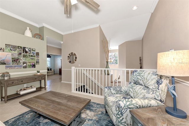 interior space featuring light tile patterned flooring, crown molding, and a wealth of natural light