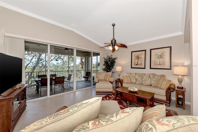 tiled living room featuring ceiling fan, ornamental molding, and vaulted ceiling