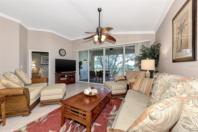 tiled living room with ceiling fan and ornamental molding