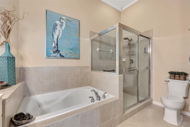 bathroom with tile patterned flooring, crown molding, independent shower and bath, and toilet