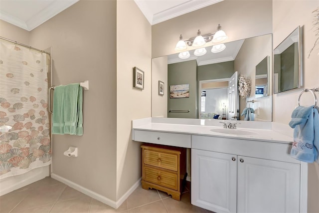 bathroom featuring tile patterned flooring, crown molding, and vanity