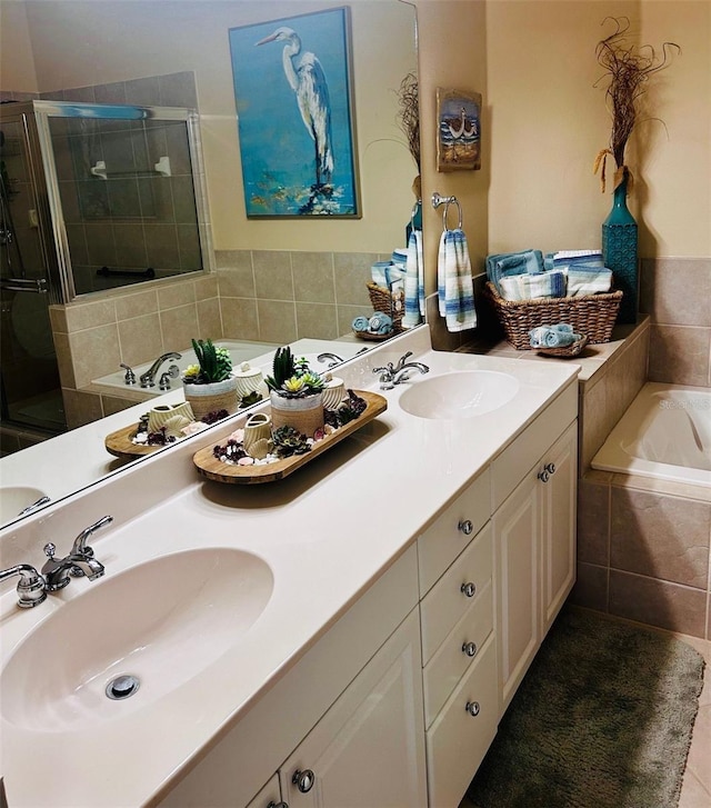 bathroom featuring vanity, tile patterned floors, and plus walk in shower