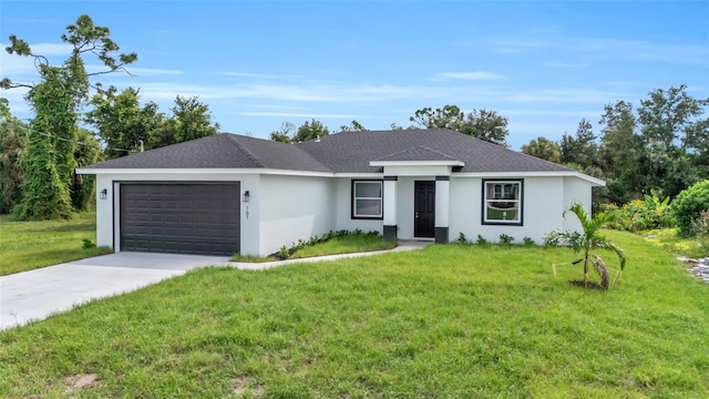 ranch-style house with a front yard and a garage