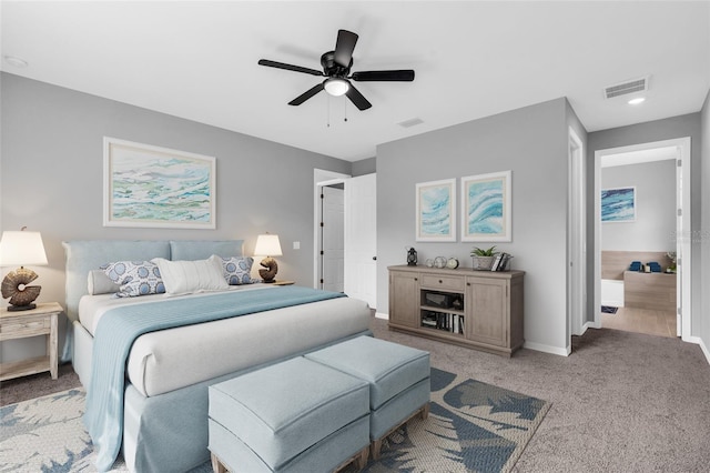 carpeted bedroom featuring ceiling fan