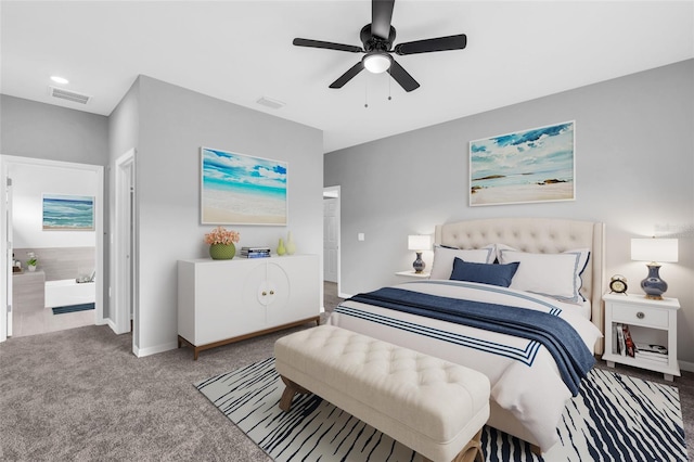 carpeted bedroom featuring ceiling fan