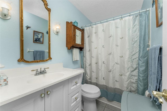 full bathroom with shower / bath combination with curtain, vanity, a textured ceiling, tile patterned floors, and toilet