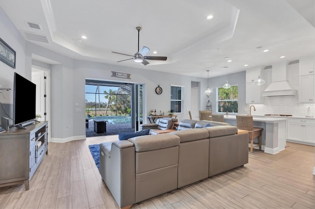 living room featuring a raised ceiling, plenty of natural light, and light hardwood / wood-style floors