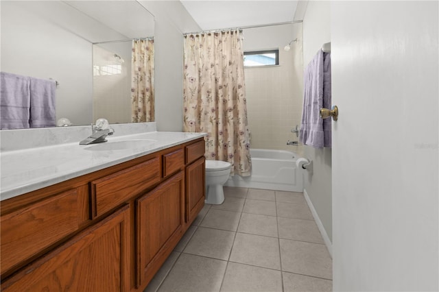 full bathroom featuring tile patterned floors, shower / bath combination with curtain, toilet, and vanity