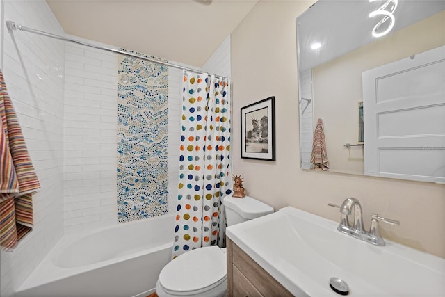 full bathroom featuring shower / bath combination with curtain, vanity, and toilet