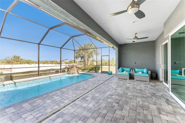 14344 Amestoy Ave, Port Charlotte, FL 33981 - pool with a patio area, a ceiling fan, an outdoor hangout area, and a lanai