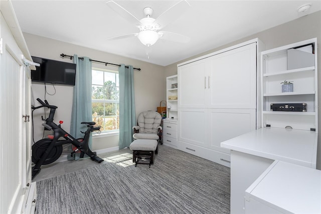 interior space with ceiling fan and tile patterned floors