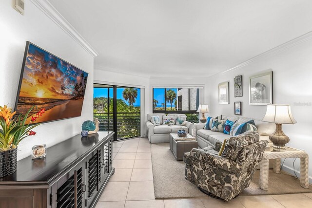 tiled living room with ornamental molding