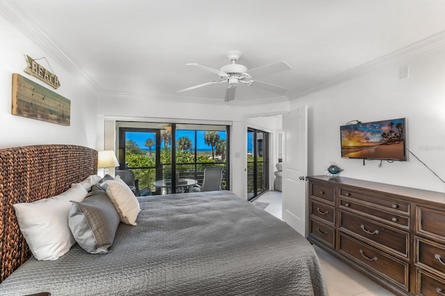 bedroom with access to outside, crown molding, and ceiling fan