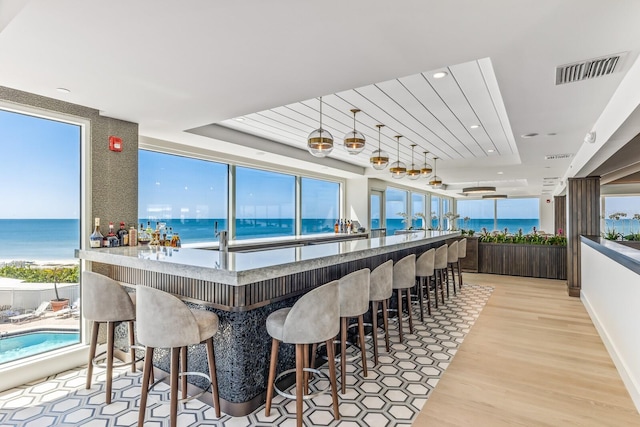 bar featuring a healthy amount of sunlight, a water view, and light wood-type flooring