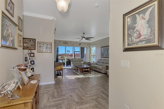 hallway featuring crown molding and dark parquet flooring