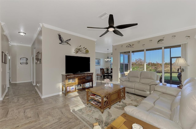 living room with crown molding, light parquet flooring, and ceiling fan with notable chandelier