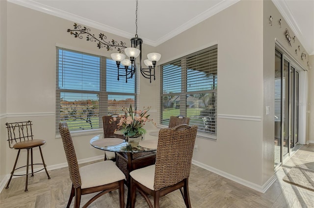 dining space featuring an inviting chandelier and ornamental molding