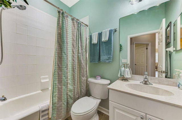 full bathroom featuring toilet, vanity, and shower / bathtub combination with curtain