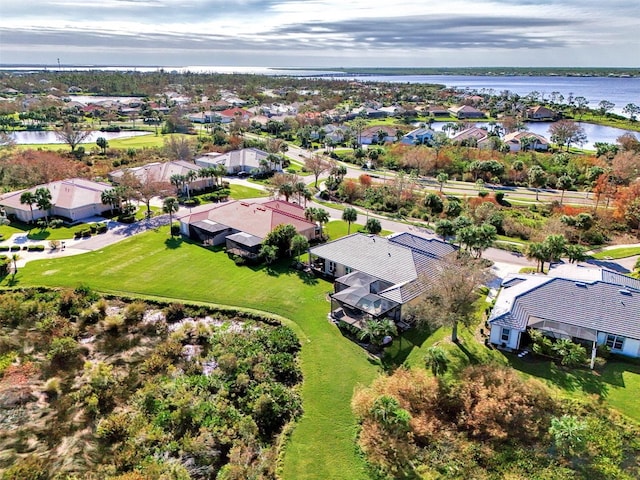 drone / aerial view featuring a water view