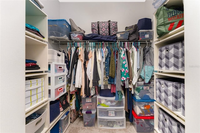 walk in closet featuring carpet flooring